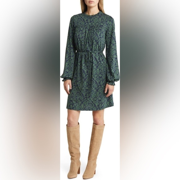 Boden Paisley Print Long Sleeve Belted Dress, Broad Bean Charm, Size 8, NWT